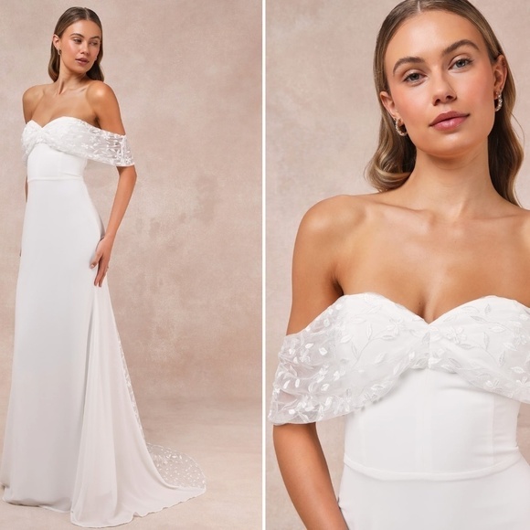 LULU's Bridal Wedding Floral Embroidered Off the Shoulder Elegant Mermaid Gown - Picture 2 of 3